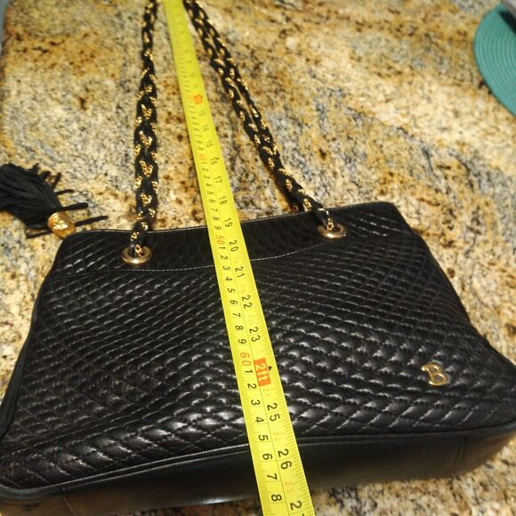 Bally Quilted Black Leather Gold Chain Strap Tassle Tote Purse Shoulder Bag Vtg - Picture 8 of 14